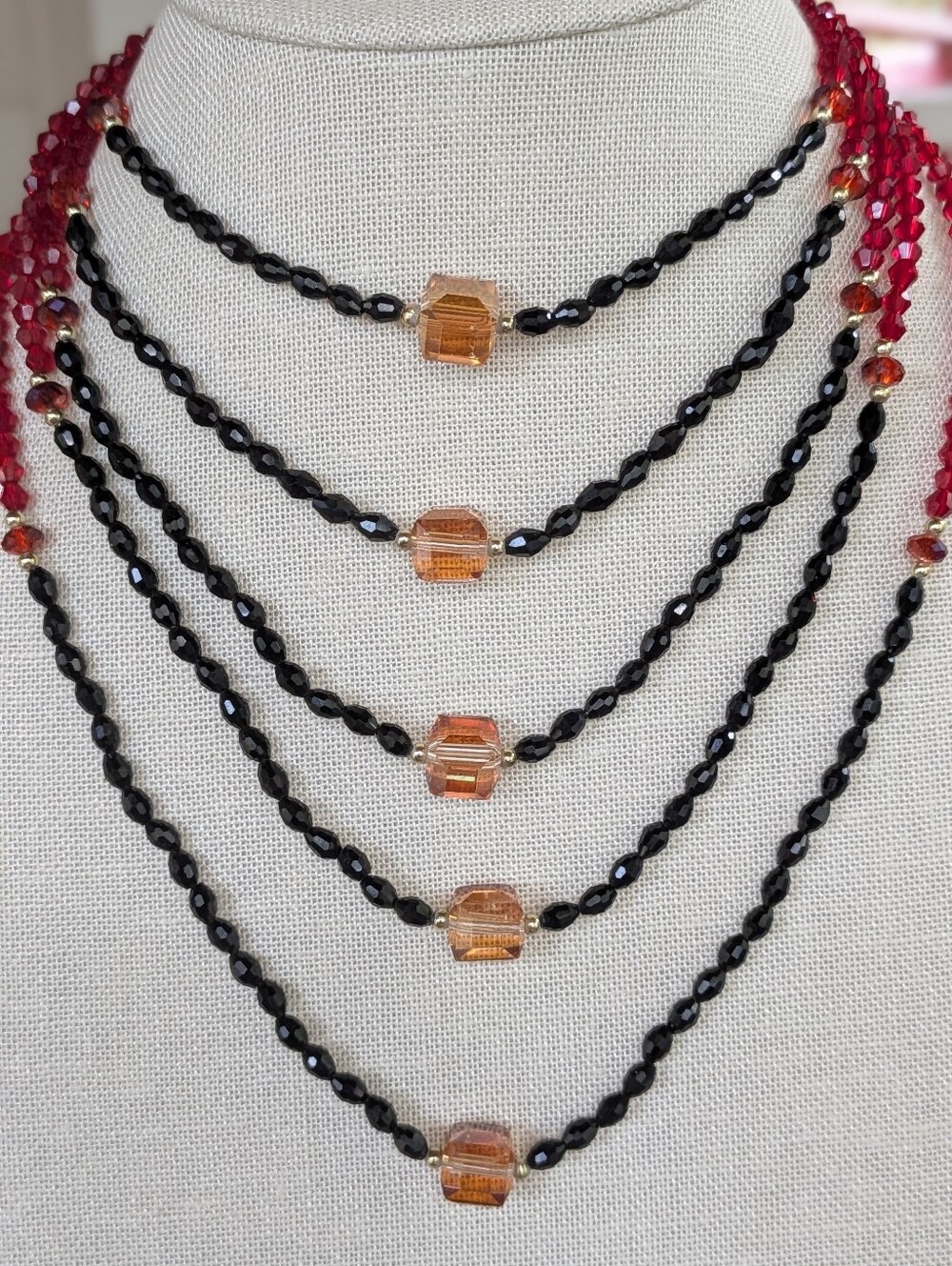 Glamorous Multi-Strand Crystal Necklace with Jeweled Magnetic Gold-Tone Clasp